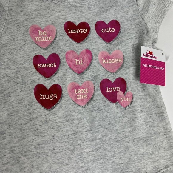 Way To Celebrate Valentine's Day T Shirt Sz 12M Conversation Hearts Grey Pink - Picture 3 of 12